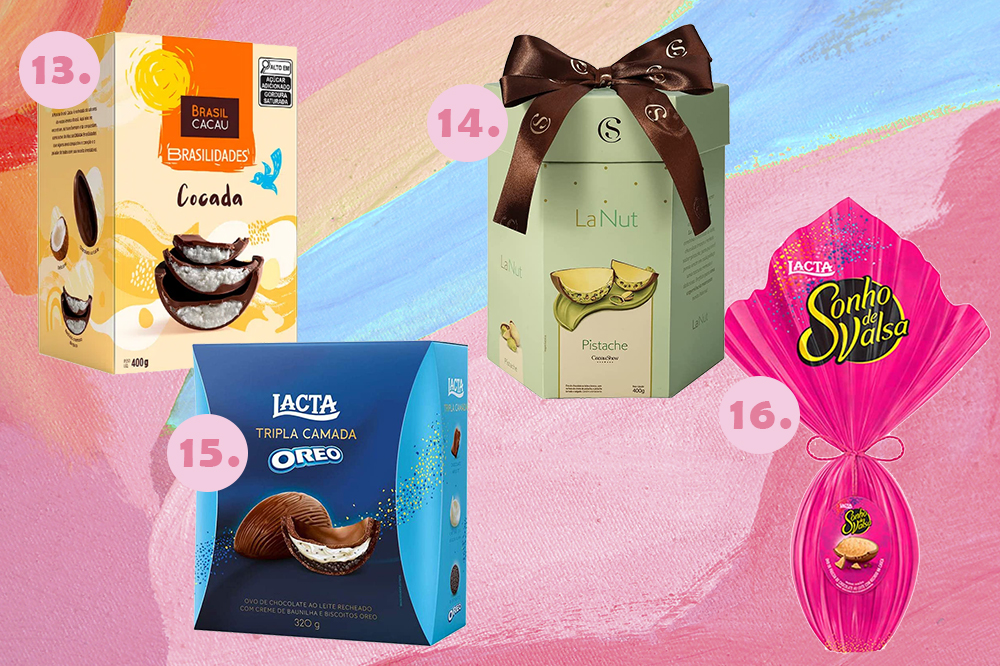 ovos-de-pascoa-chocolate-2023-04 Montagem em fundo rosa e azul com fotos de quatro ovos de Páscoa