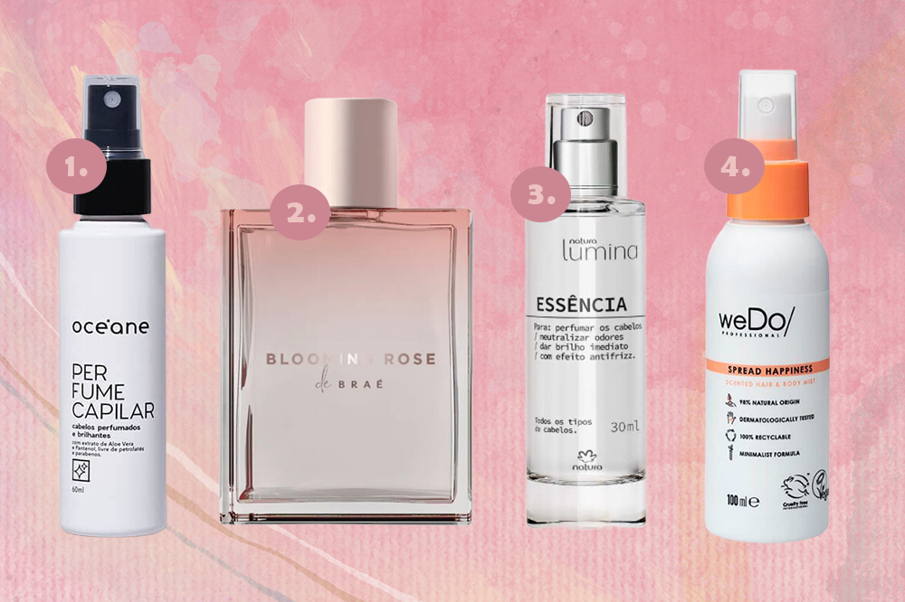 perfumes-para-cabelo-01 Montagem em fundo rosa com quatro perfumes para cabelo