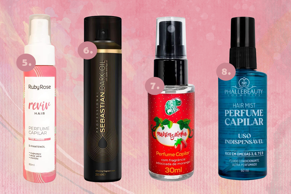perfumes-para-cabelo-02 Montagem em fundo rosa com quatro perfumes para cabelo