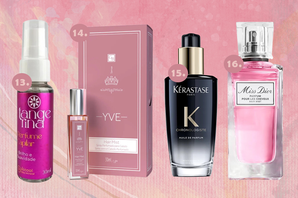 perfumes-para-cabelo-04 Montagem em fundo rosa com quatro perfumes para cabelo