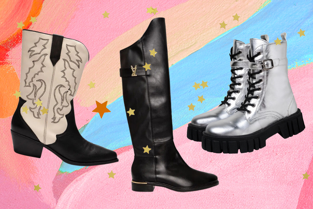 Botas para montar looks no outono-inverno 2023. Montagem em fundo rosa, laranja e azul com estrelinhas douradas