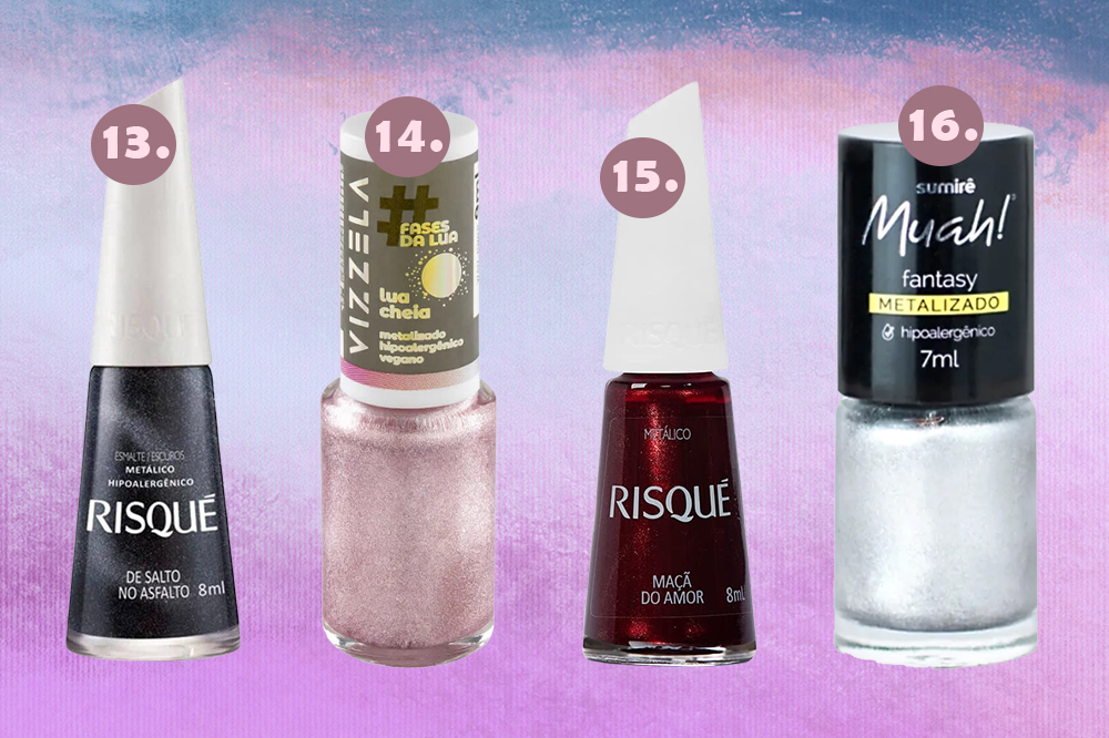 esmaltes-metalizados-04 Montagem em fundo degradê azul e lilás com quatro opções de esmaltes metálicos
