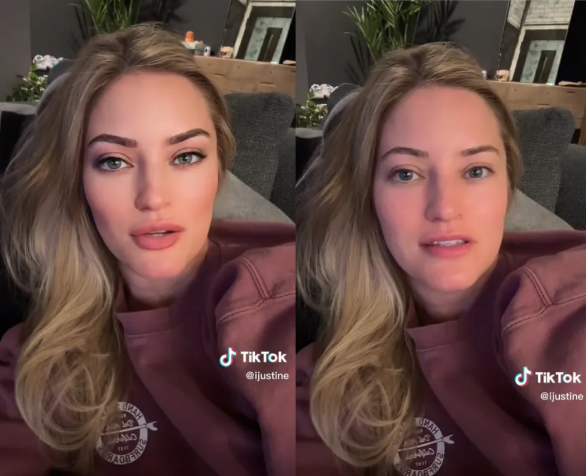 filtro-do-tiktok Duas selfies de uma mulher loura. No lado esquerdo, a imagem está com um filtro e no direito, está natural.