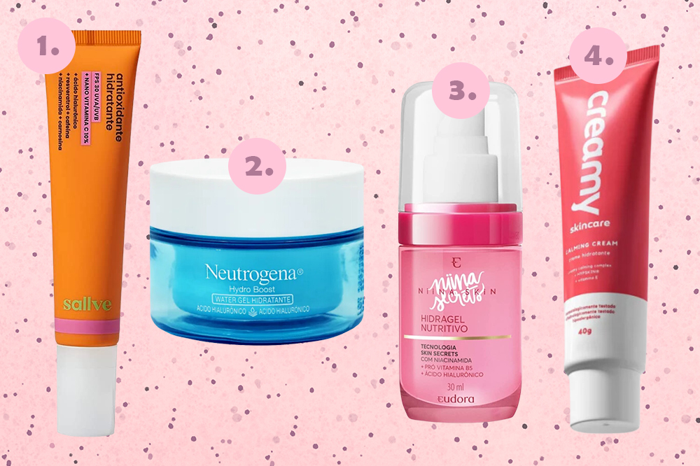hidratantes-faciais-01 Quatro opções de hidratantes faciais em montagem com fundo rosa de bolinhas