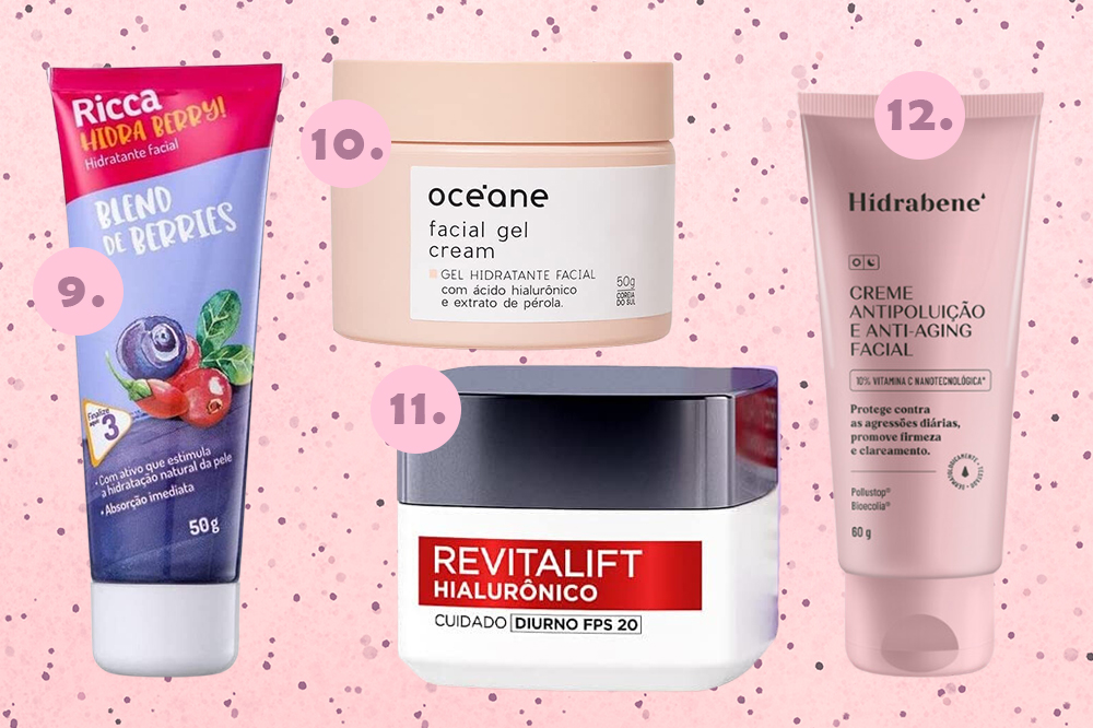 hidratantes-faciais-03 Quatro opções de hidratantes faciais em montagem com fundo rosa de bolinhas