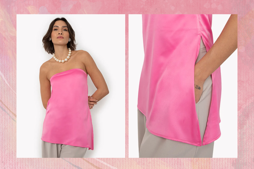 blusa-tube-top-comprida-tendencia- Blusa assimétrica acetinada sem alça rosa da C&A
