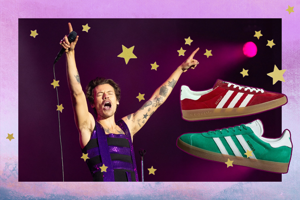 Montagem em fundo degradê lilás e azul com estrelinhas douradas com foto de Harry Styles em show com os braços para cima, boca aberta e olhos fechados. Ao lado, há dois tênis Adidas Gazelle, um vermelho e um verde