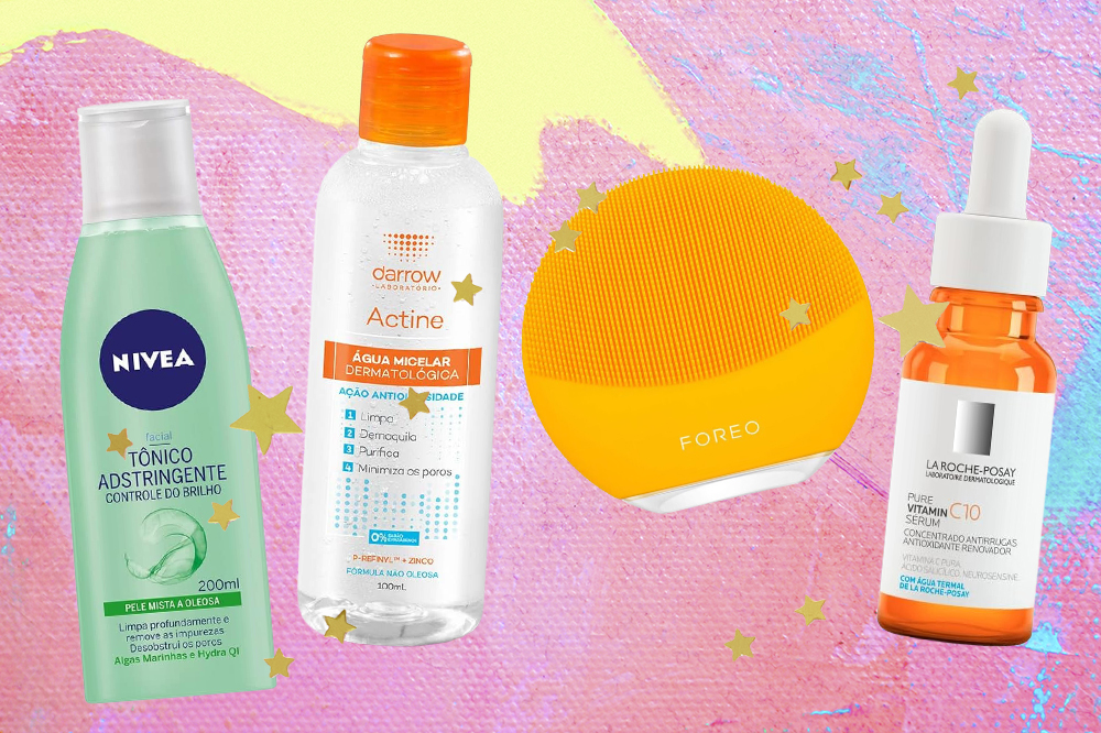 Produtos de skincare em promoção no Prime Day. Montagem em fundo rosa, azul e amarelo