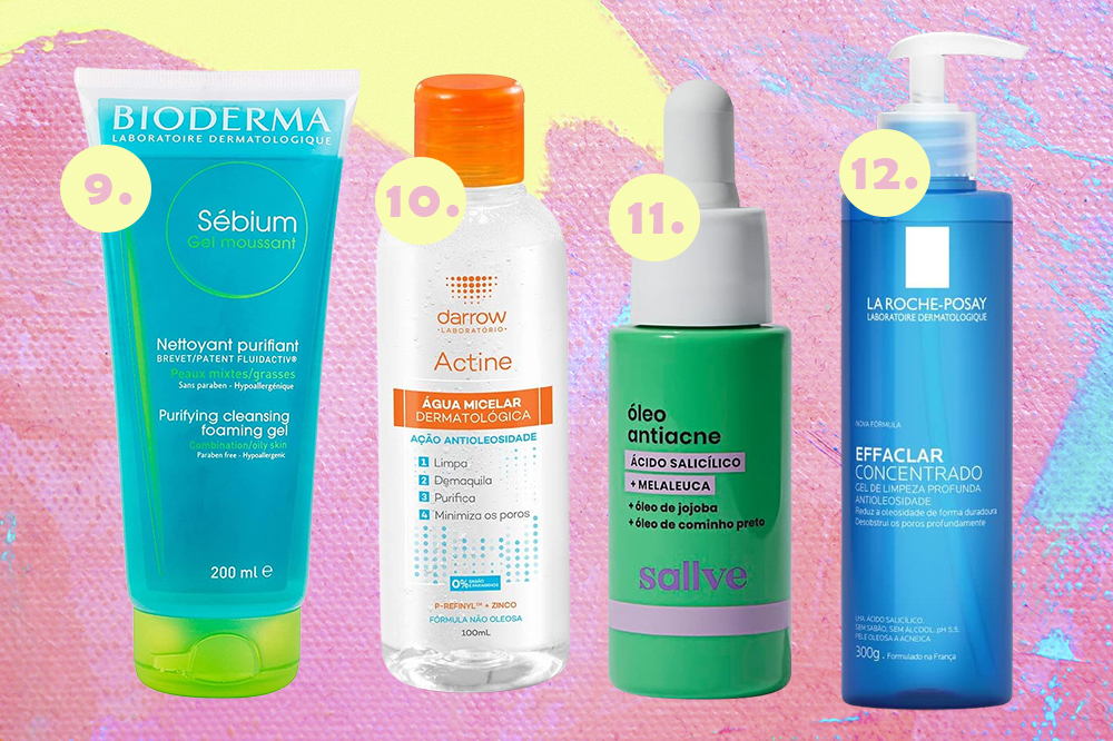 Produtos de skincare em promoção no Prime Day. Montagem em fundo rosa, azul e amarelo