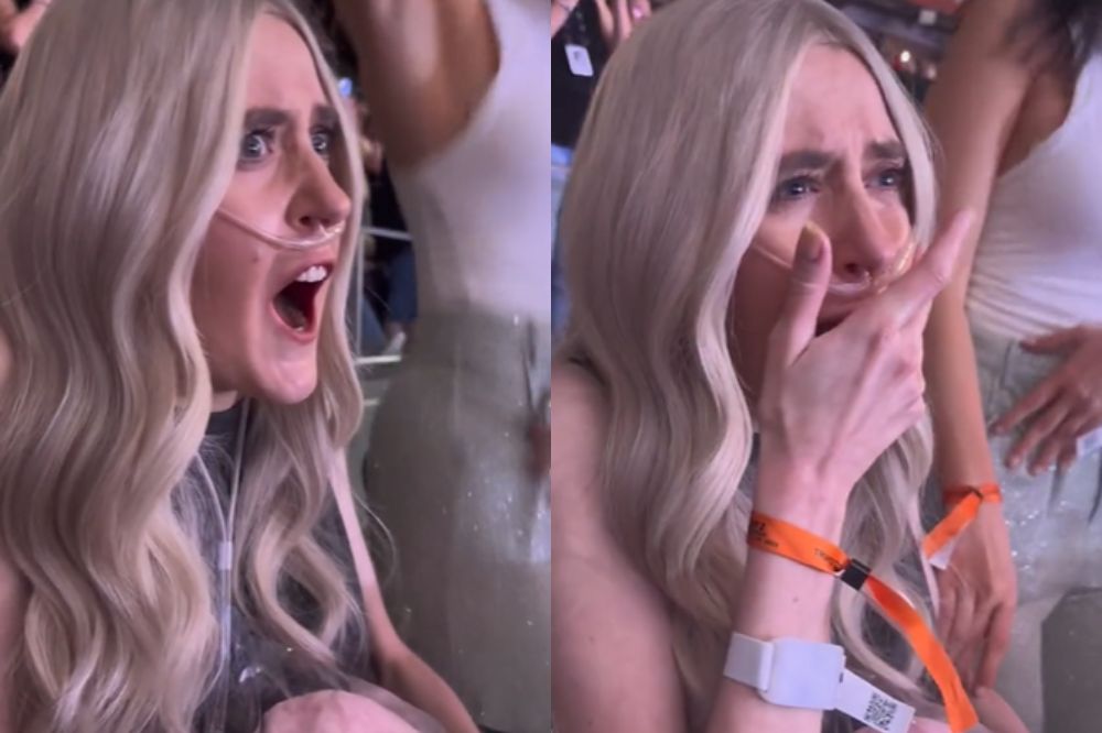 Duas imagens lado a lado de fã de Taylor Swift com expressões emocionadas enquanto assiste ao show da cantora