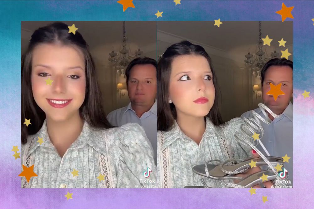 Montagem com fundo azul e lilás. Prints do tiktok na frente. A imagem de uma menina e um homem.