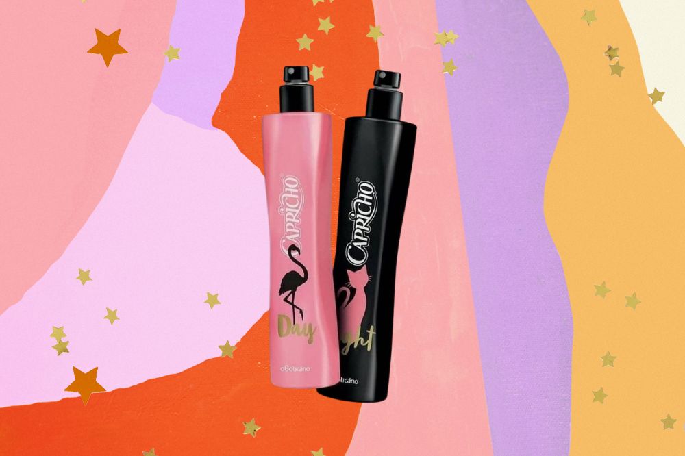 Montagem com fundo nas cores rosa, lilás, laranja e amarelo. Na frente, a imagem dos perfumes Day (rosa) e Night (preto) da collab Capricho e O Boticário.