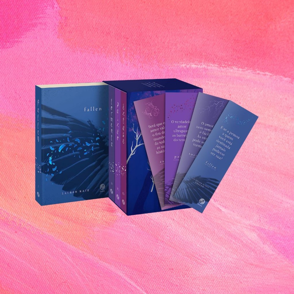 Box Fallen Imagem do box de livros da saga Fallen. Fundo rosa.