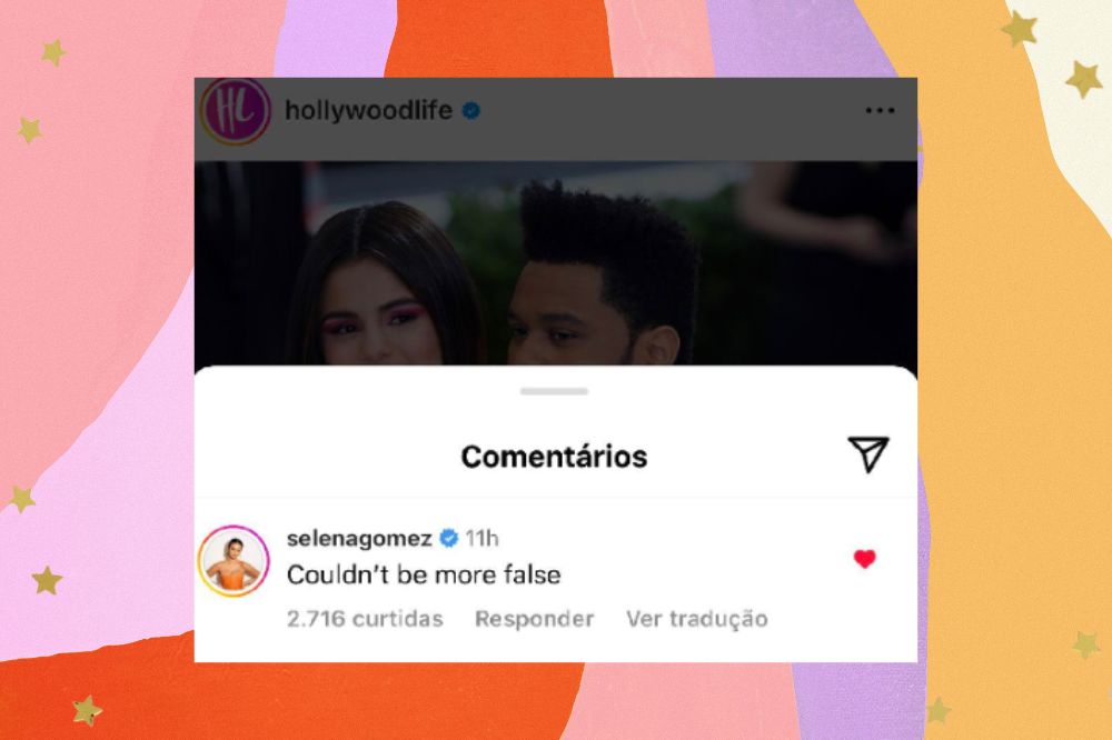 Selena Gomez desmente rumores sobre Single Soon ser sobre The Weeknd Print do comentário de Selena Gomes em um post da página Hollywood Life. Fundo colorido.