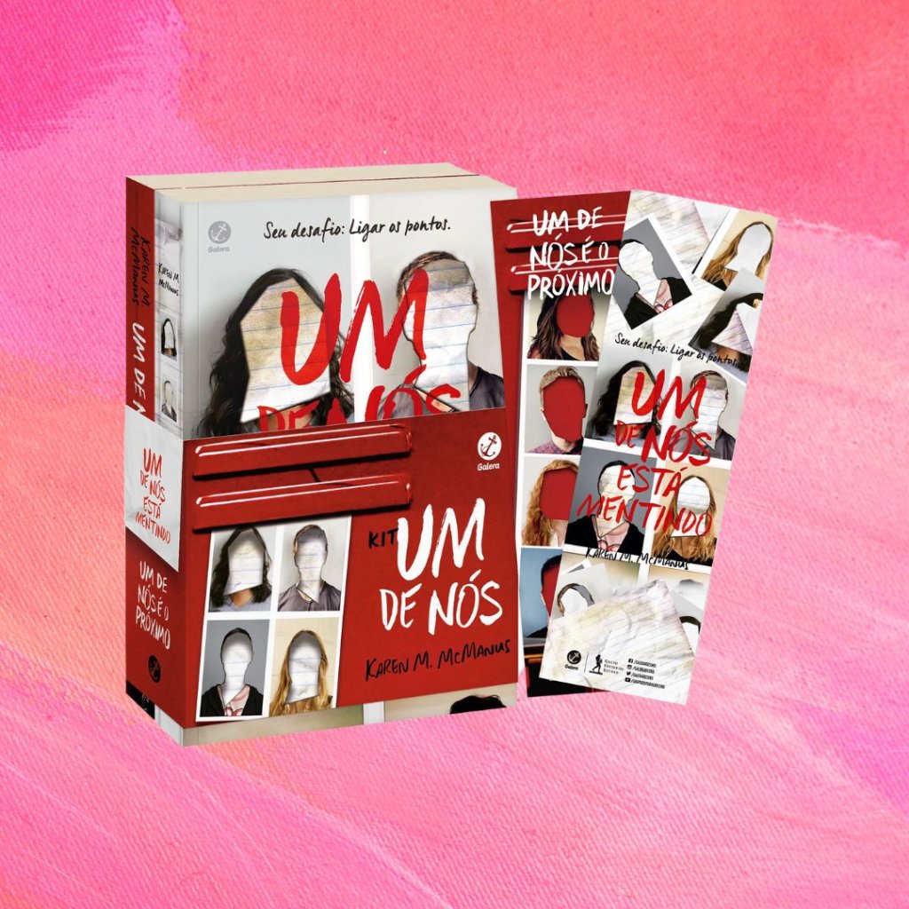 Kit Um de Nós Imagem do box de livros da saga Um de Nós. Fundo rosa.