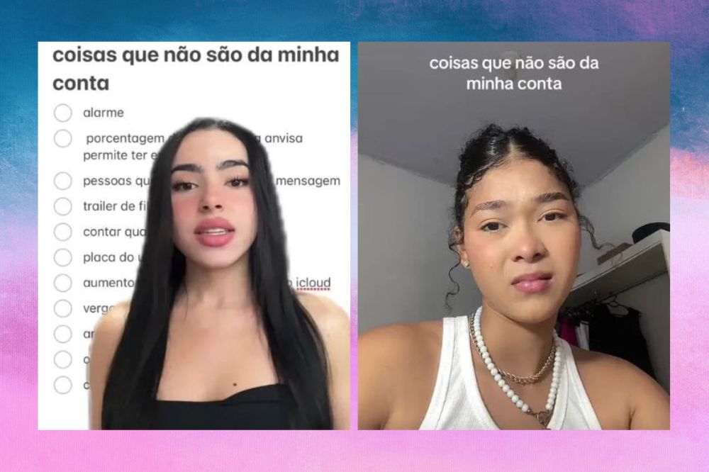 Montagem com duas fotos. A direita uma menina de cabelo preto longo e no fundo o print do bloco de notas do celular