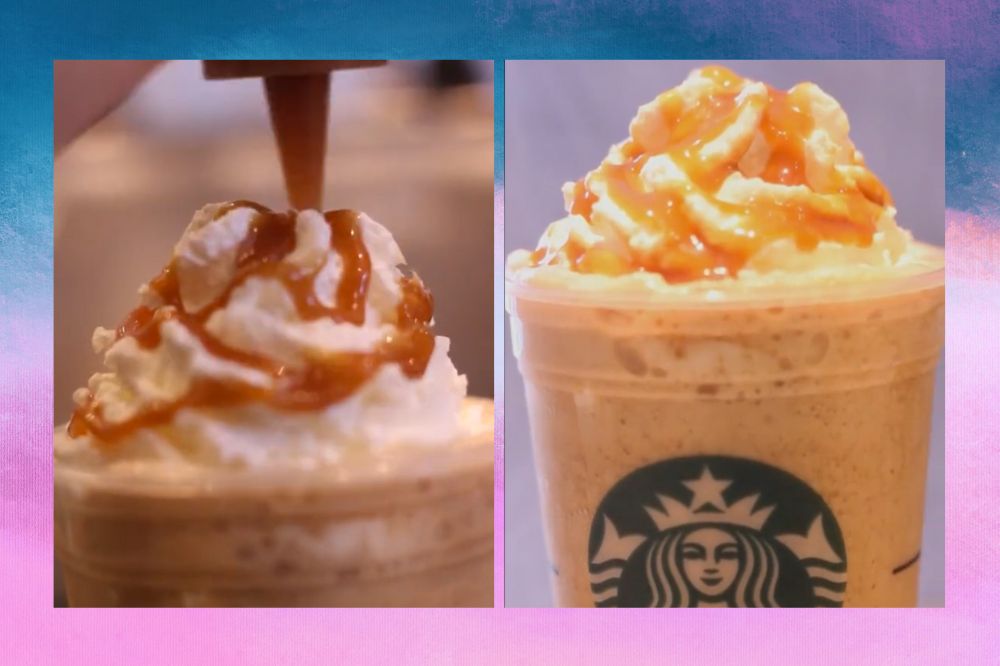 Montagem com duas fotos de um copo transparente com uma bebida no tom bege, com chantilly e cobertura de caramelo