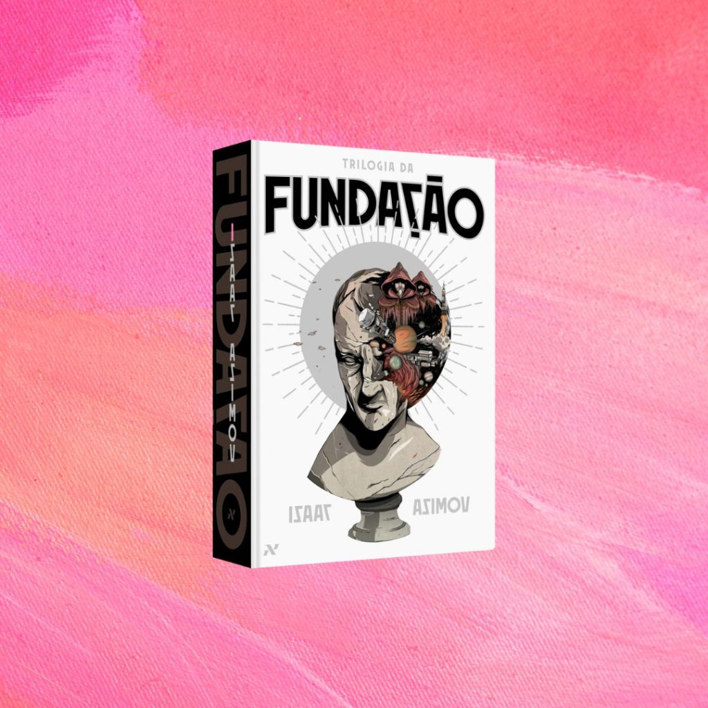Trilogia da Fundação - Deluxe Imagem do box de livros da Trilogia da Fundação. Fundo rosa.
