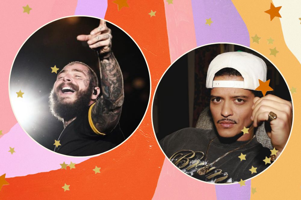 Montagem com fundo nas cores rosa, lilás e laranja. Duas imagens em círculo, Post Malone e Bruno Mars.