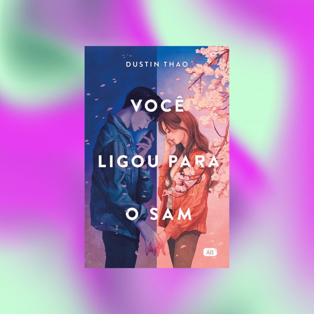 Capa do livro Você Ligou Para o Sam; o fundo é uma textura das cores lilás, roxo e verde misturadas em um degradê