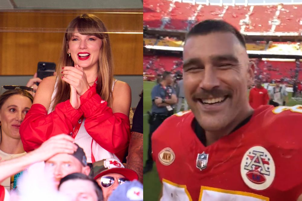 taylor e travis Duas imagens; na primeira Taylor Swift sorrindo enquanto assiste jogo de futebol americano; na segunda Travis Kelce sorrindo em campo