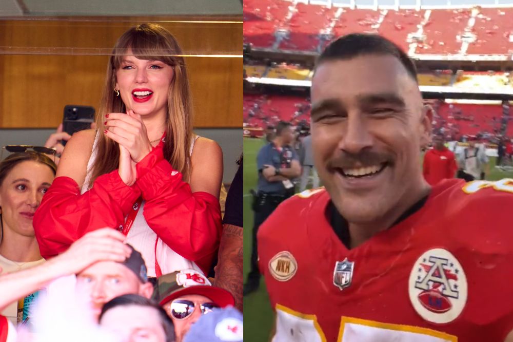 Duas imagens; na primeira Taylor Swift sorrindo enquanto assiste jogo de futebol americano; na segunda Travis Kelce sorrindo em campo