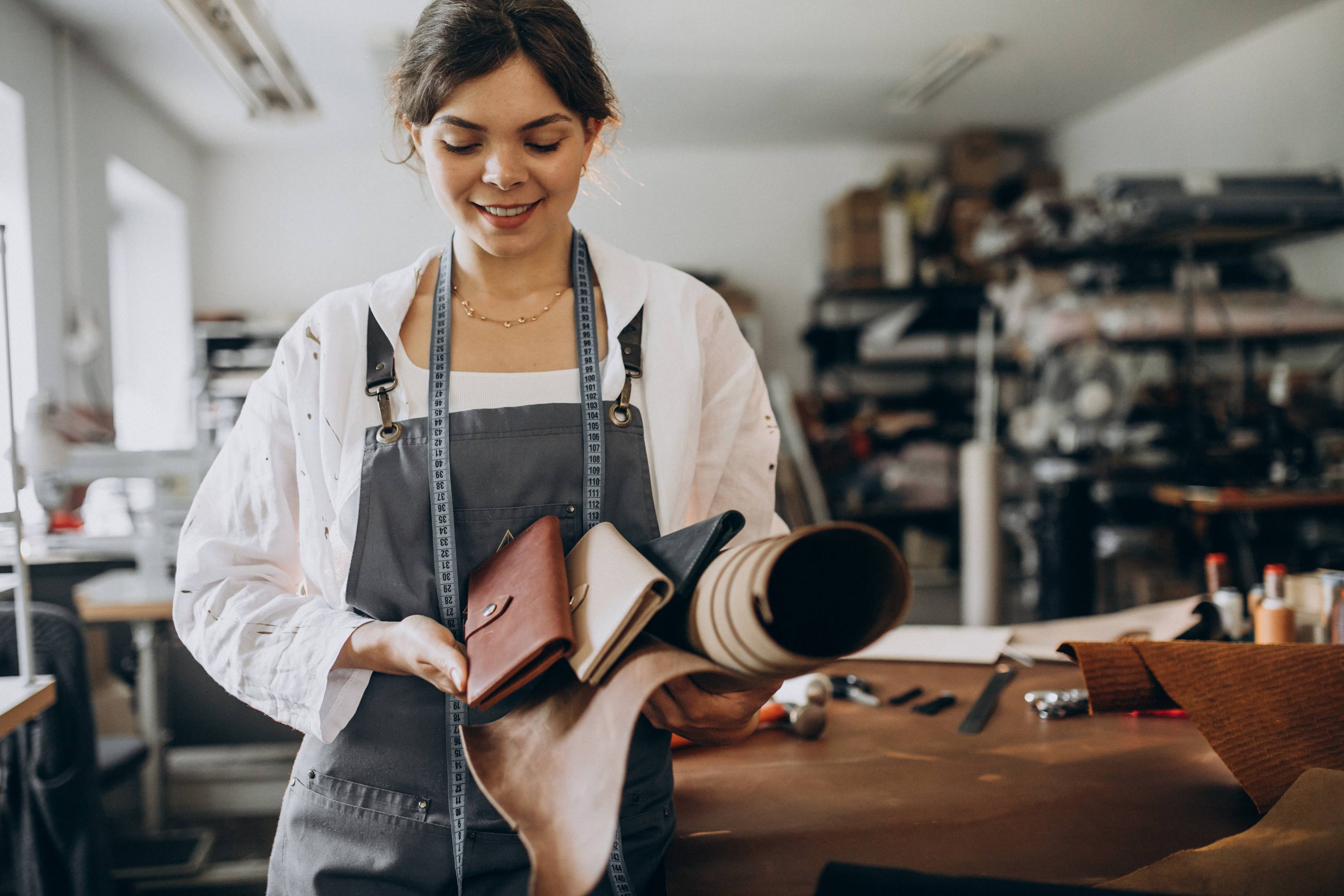 Woman tailor working on leather fabric