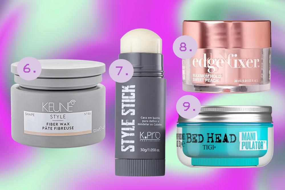 cabelo-cera-pomada-penteado Produtos de cabelo para fazer penteados. Montagem em fundo degradê roxo