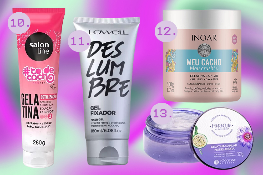 cabelo-gel-gelatina-penteado Produtos de cabelo para fazer penteados. Montagem em fundo degradê roxo