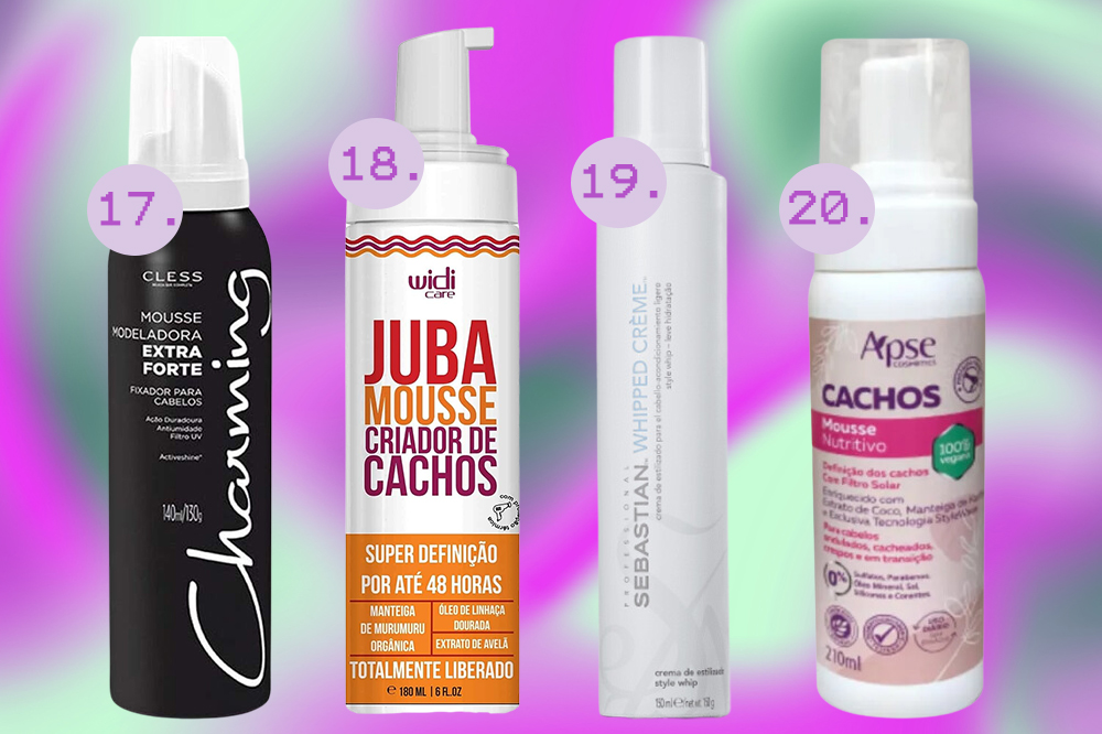 cabelo-mousse-penteado Produtos de cabelo para fazer penteados. Montagem em fundo degradê roxo