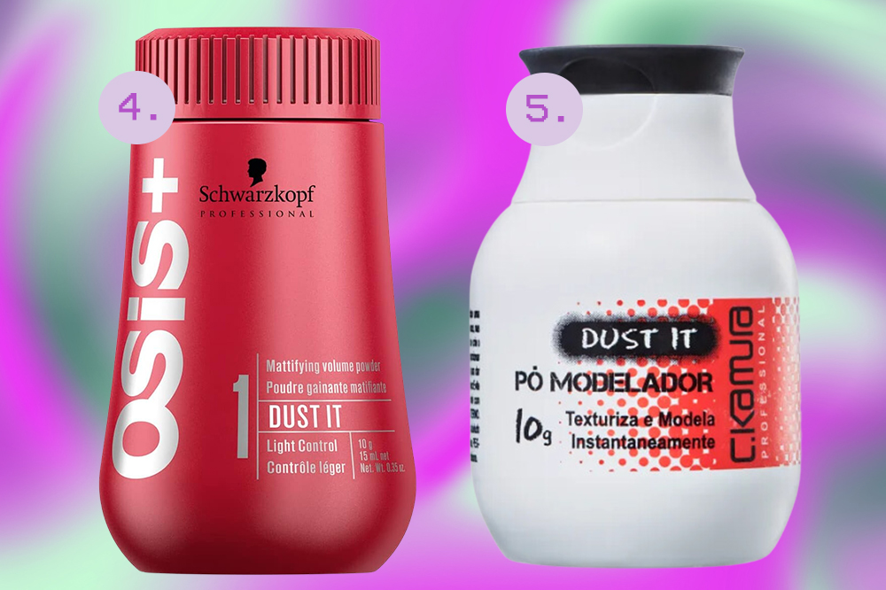 cabelo-po-texturizador-volume Produtos de cabelo para fazer penteados. Montagem em fundo degradê roxo
