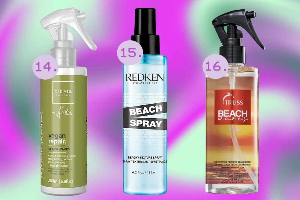 cabelo-spray-beach-waves-penteado Produtos de cabelo para fazer penteados. Montagem em fundo degradê roxo