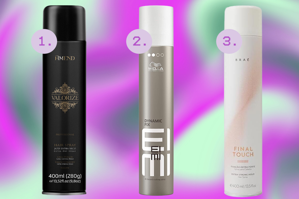 cabelo-spray-fixador-penteado-01 Produtos de cabelo para fazer penteados. Montagem em fundo degradê roxo