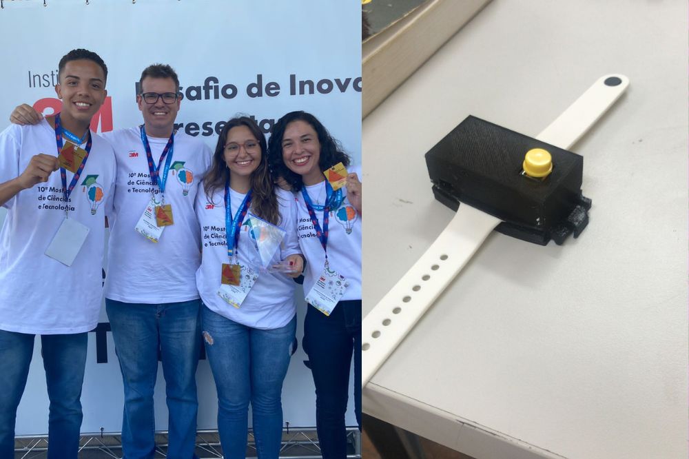 app contra violência doméstica Montagem com duas fotos: a primeira de Thainá e Alessandro junto com dois professores e outra imagem do dispositivo que parece um relógio com um botão no centro.