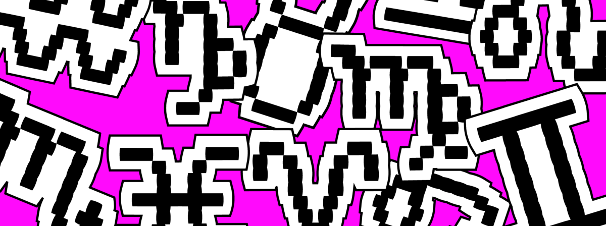 Imagem com fundo sólido no tom de rosa, com símbolos de todos os signos bagunçados, entrelaçados com fundo branco e contorno preto