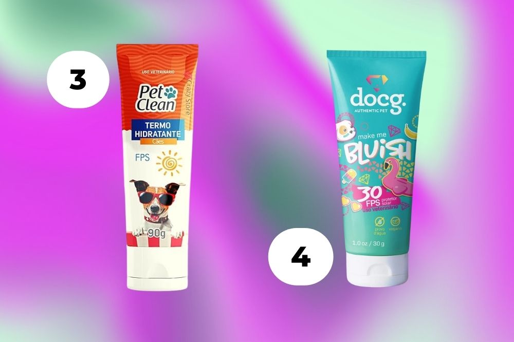 Cuidados com os pets no verão Imagem de dois protetores solares para cachorro. Um é verde com detalhes em rosa e o outro é laranja e branco com a imagem de um cachorro no centro