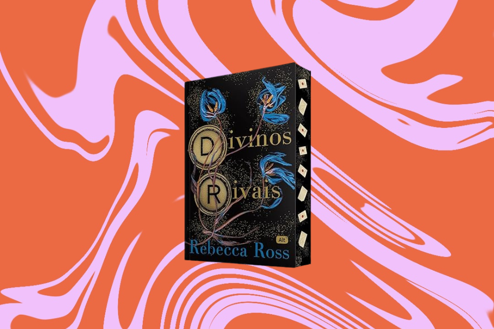 Imagem do livro "Divinos Rivais", com uma capa preta e detalhes em dourado, em um fundo laranja e rosa