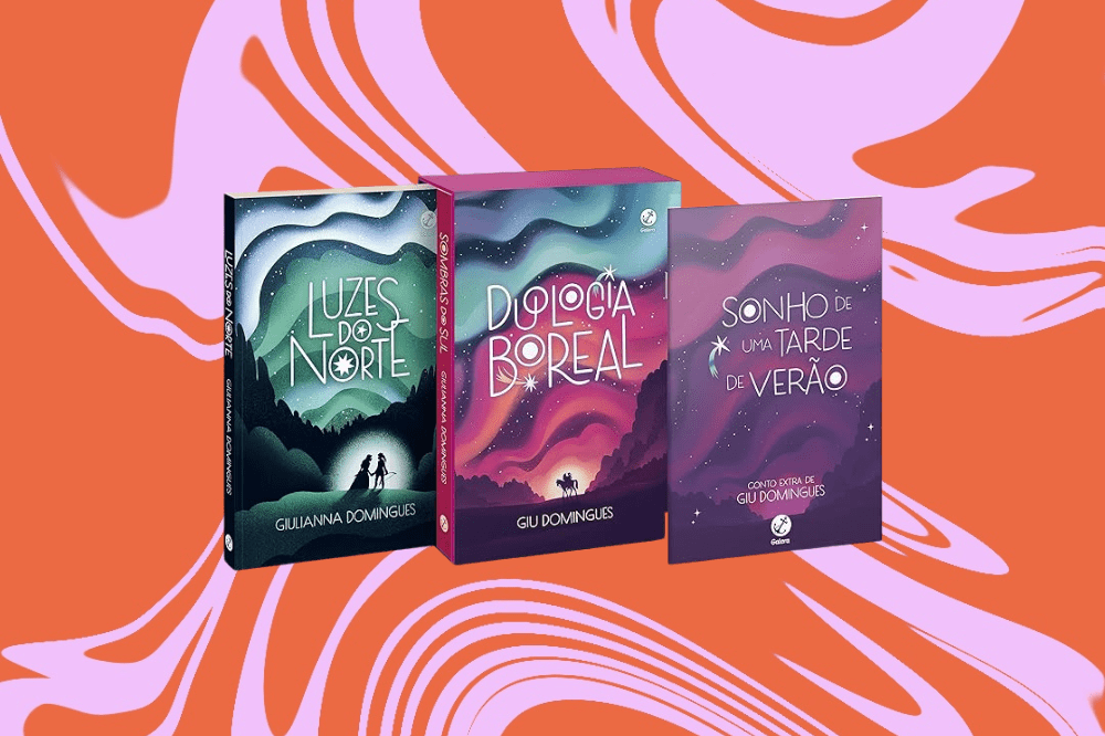 Imagem dos livros da duologia "Sonho de uma Tarde de Verão", com a capa colorida, em um fundo laranja e rosa