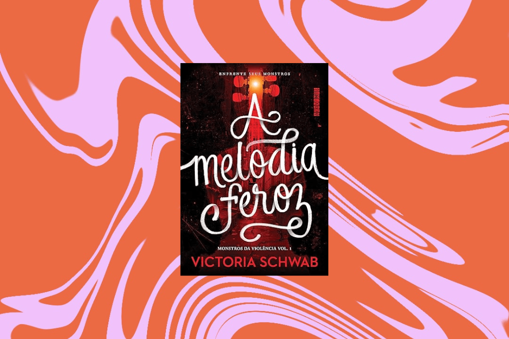 Imagem do livro "A Melodia Feroz", com a capa preta e vermelha e com um violino no meio, em um fundo laranja e rosa