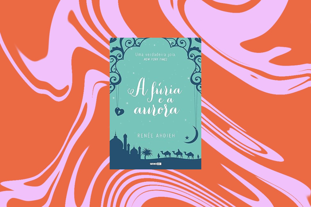 Imagem do livro "A Fúria e a Aurora", azul claro com detalhes em azul escuro, em um fundo laranja e rosa