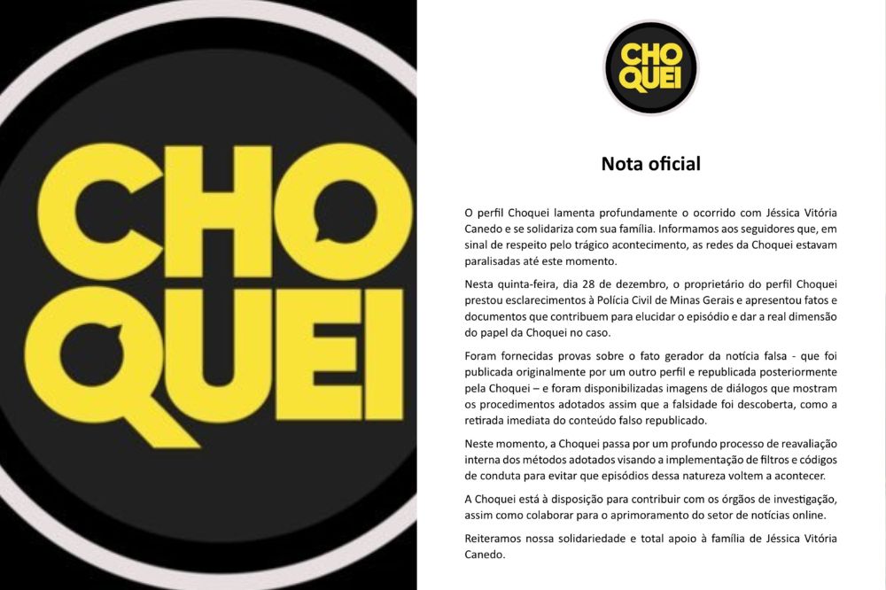 Perfil da ‘Choquei’ admite fake news e lamenta morte de Jéssica Canedo