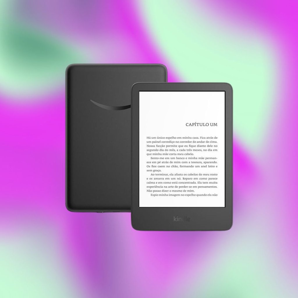 kindle Duas imagens de Kindle; na primeira a tela e na segunda a parte de trás do aparelho; o fundo é uma textura nas cores verde e lilás