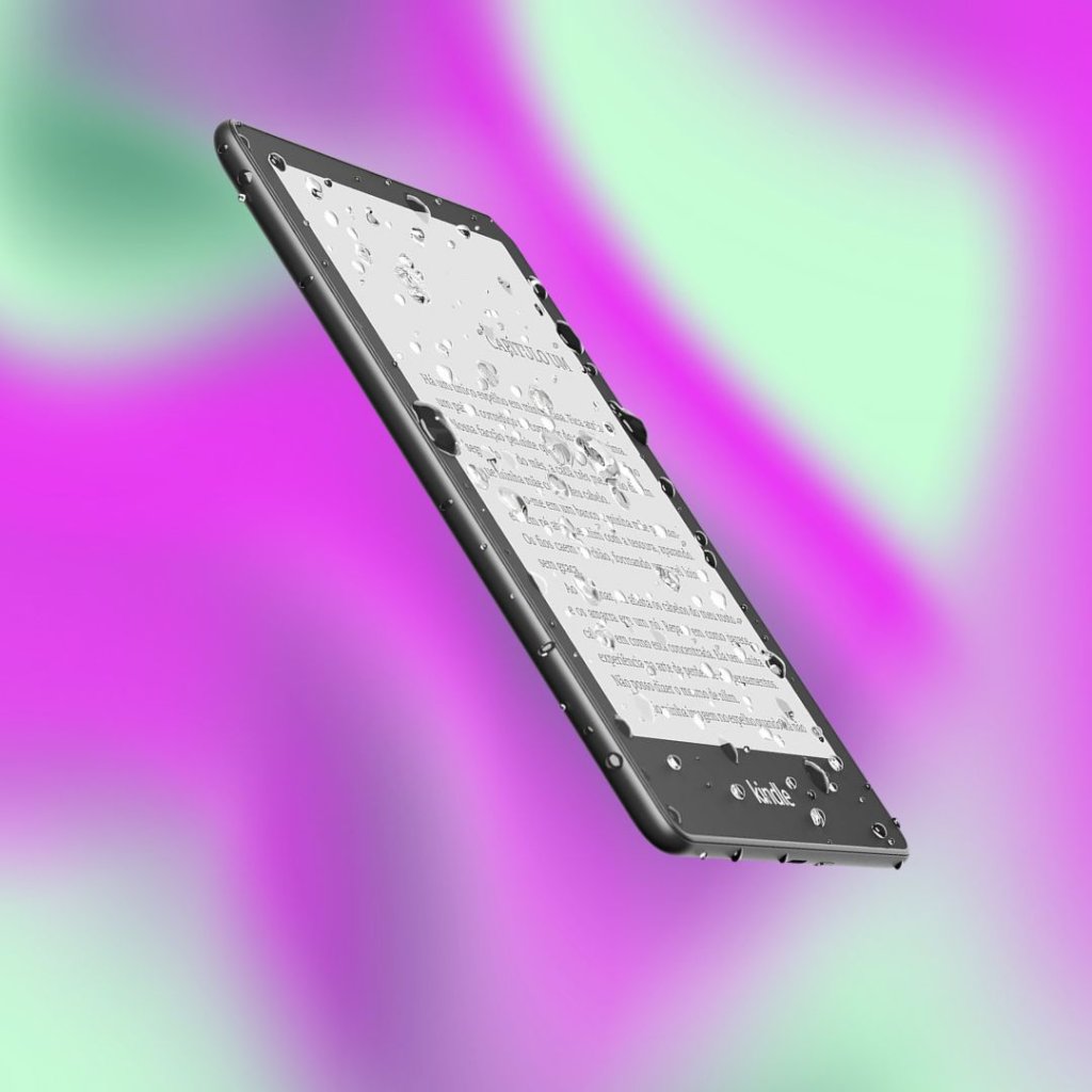 kindle1 Imagem de um Kindle com a tela acesa e com gostas de água; o fundo é uma textura nas cores verde e lilás