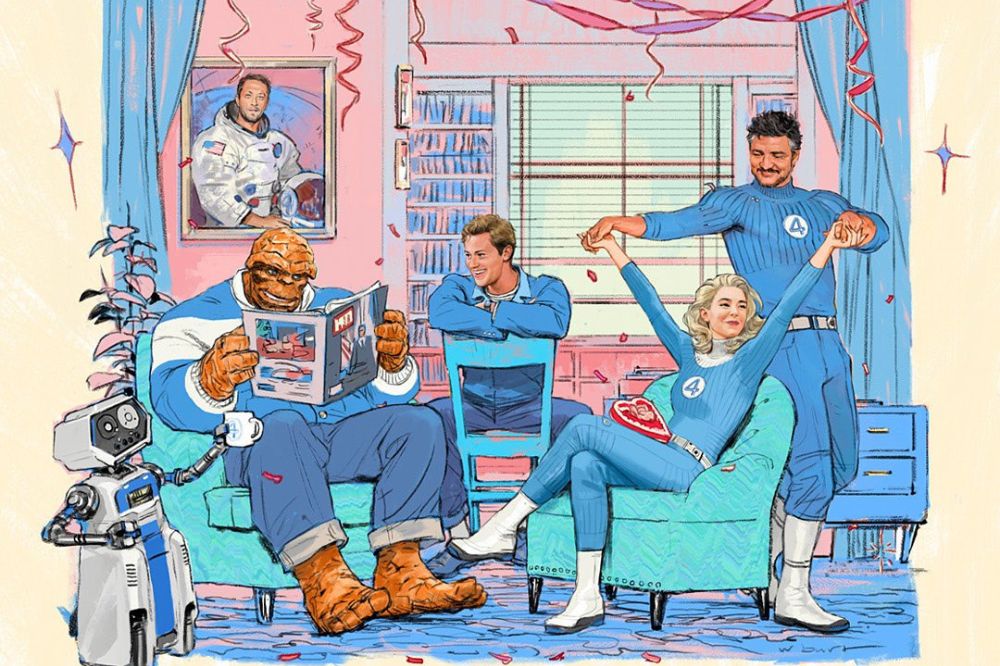 Ilustração dos quatro personagens do Quarteto Fantástico vestindo o macacão azul.