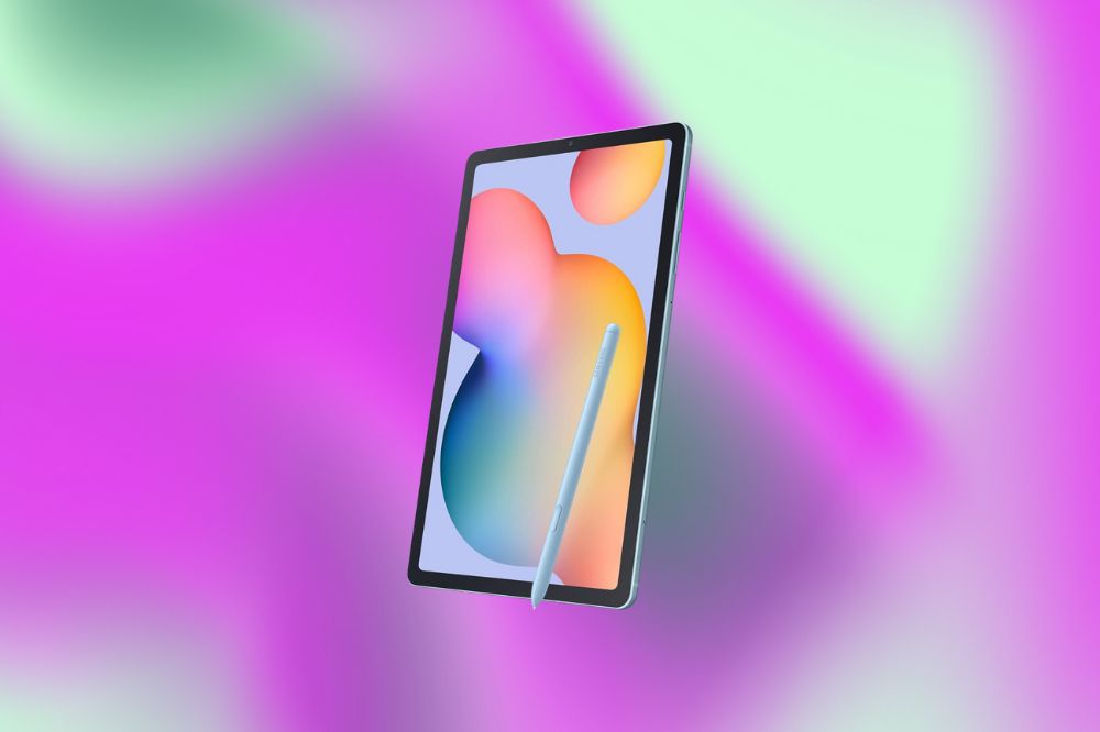 Imagem de um tablet azul em um fundo roxo e verde.