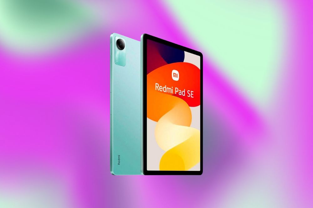Imagem de um tablet verde claro em um fundo roxo e verde.