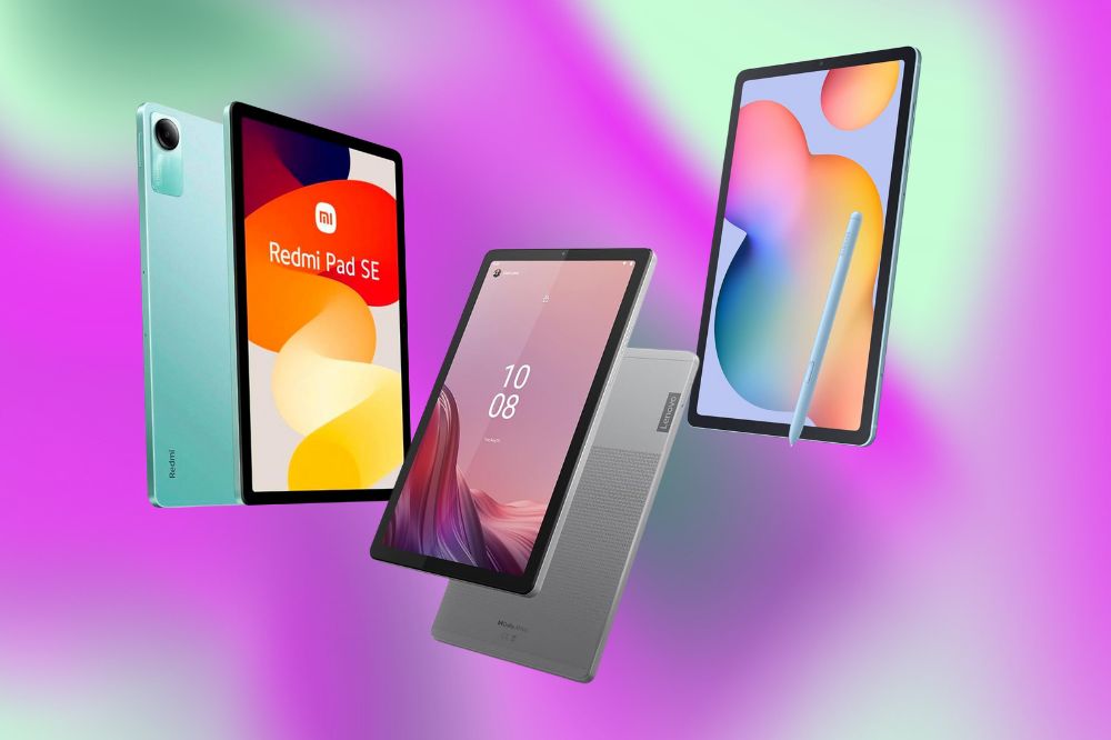 Imagem de três tablets, um verde claro, um cinza e um azul, em um fundo roxo e verde.