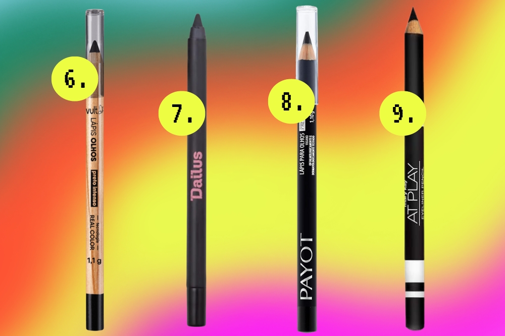 lapis-olho-preto-02 Opções de lápis de olho preto em fundo verde, laranja, amarelo e rosa