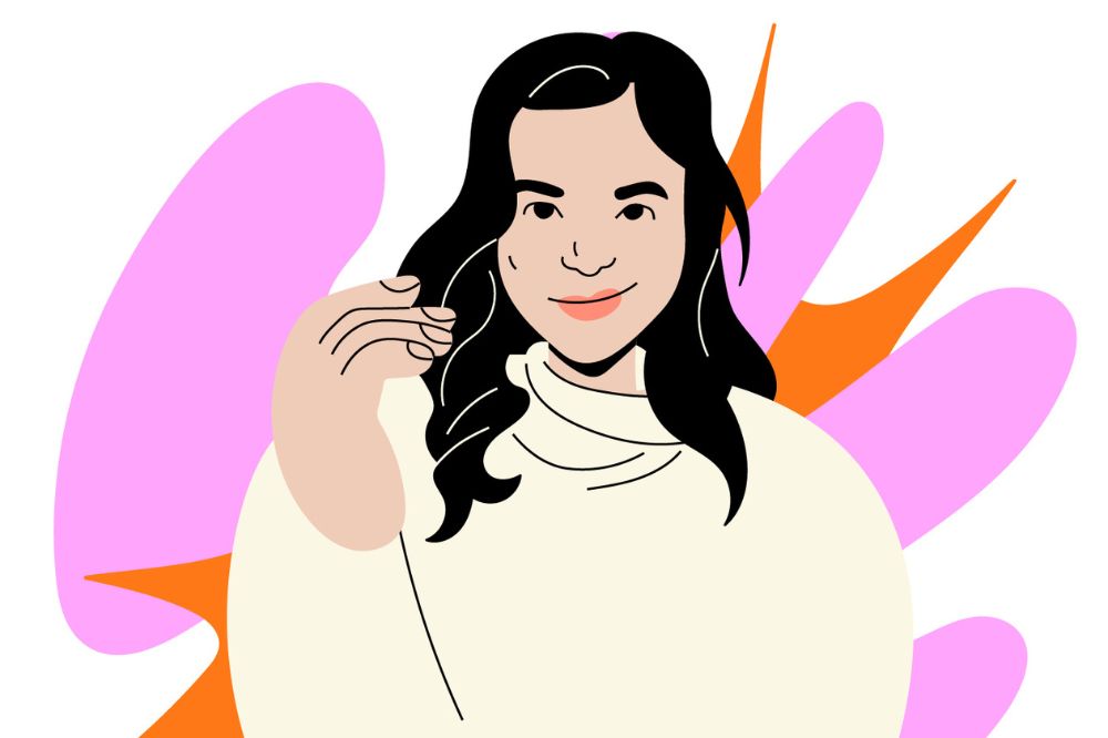 Em fundo branco com detalhes em rosa e laranja, há a imagem de uma jovem com cabelos morenos e blusa branca.
