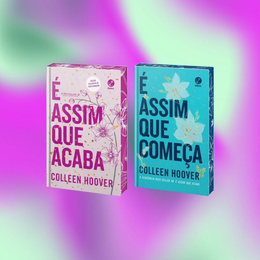 Edições de colecionador de É Assim Que Acaba e É Assim Que Começa; a primeira é uma capa rosa com detalhes em dourado e branco enquanto a segunda é azul com detalhes em amarelo e branco; o fundo é uma textura em degradê nas cores azul, lilás e verde